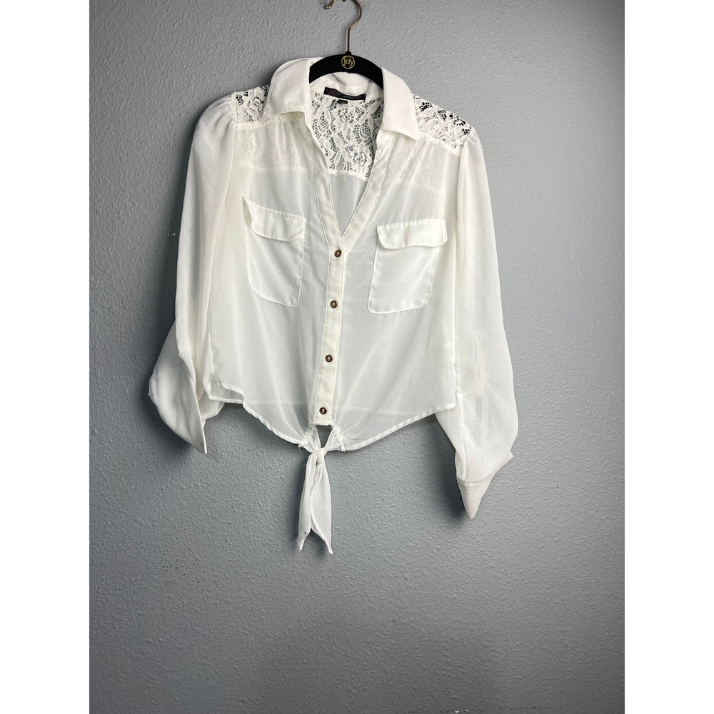 HeartSoul White Lace Cropped Yoke Tie Front Sheer Blouse Long SL‎ Button Up Sm